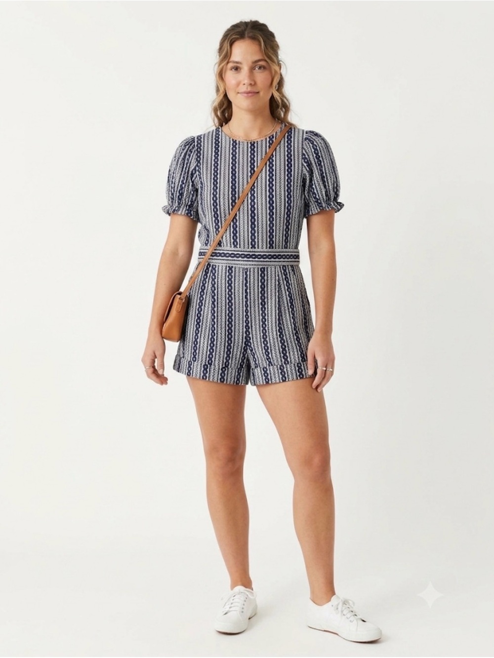 TCEC Black White Geometric Puff Sleeve Romper Size L Short Sleeve Dressy